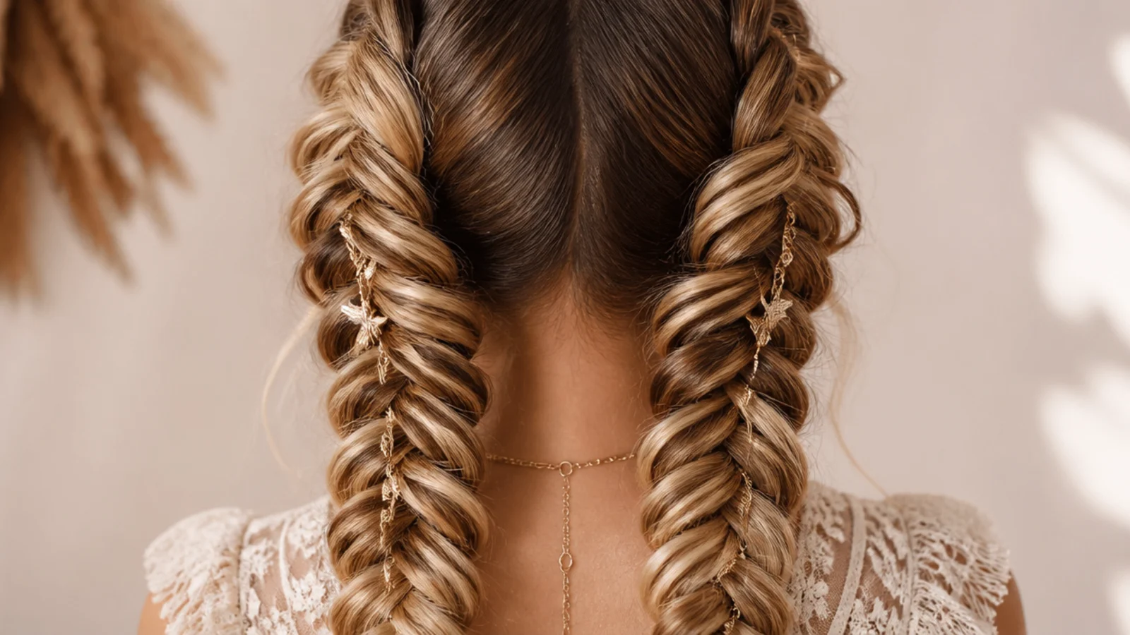 Two symmetrical mermaid braids worn as pigtails with wide pancaked edges