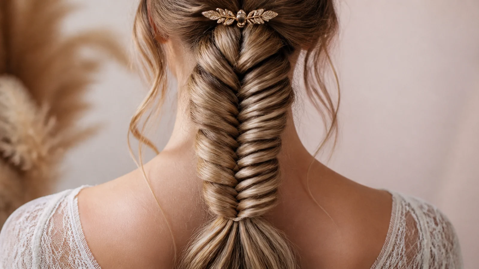High ponytail braided into a mermaid fishtail with a wide fanned tail