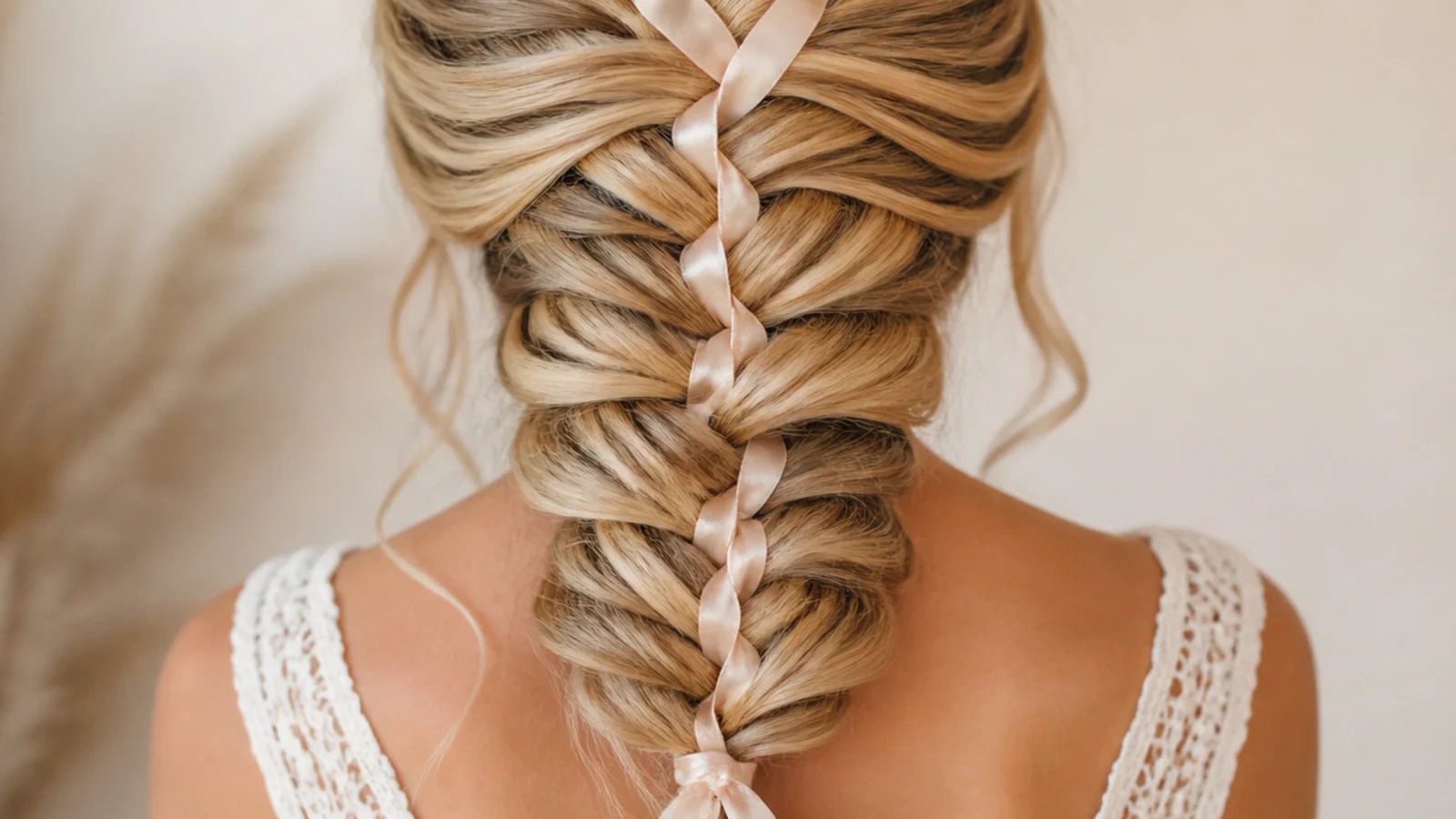 Mermaid braid with a satin ribbon woven through the crossovers down its length