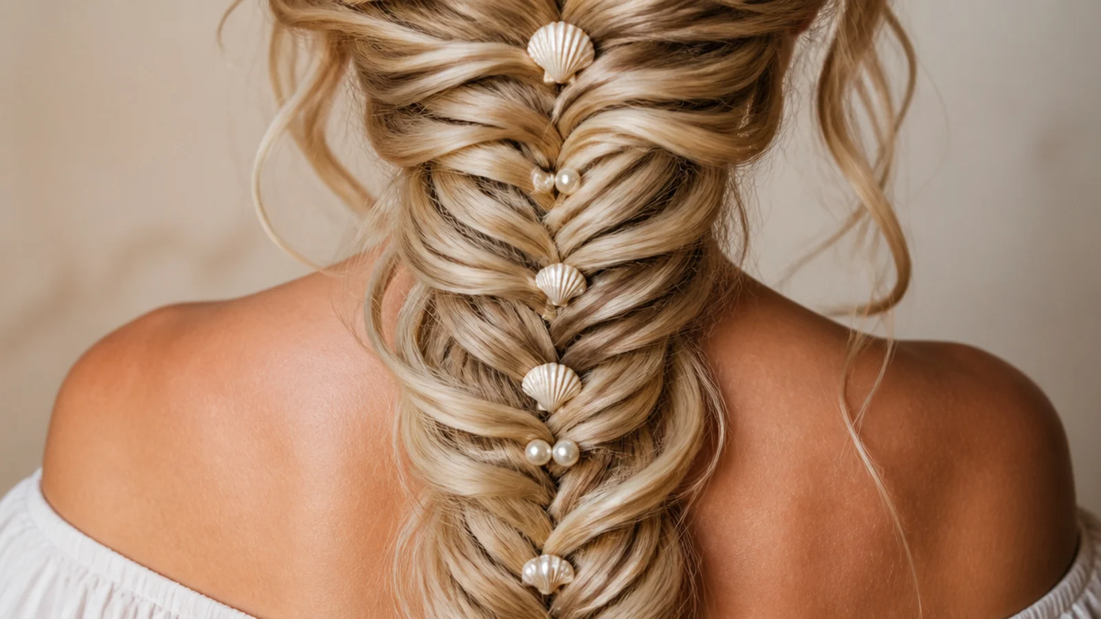 Mermaid braid decorated with small pearl and seashell hair pins along its length