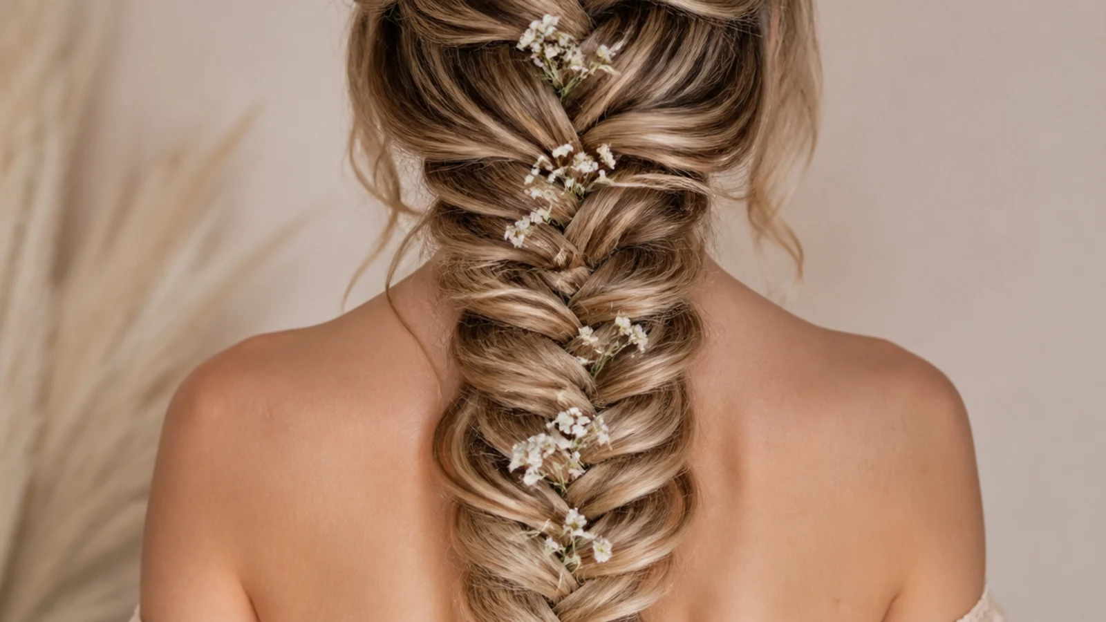 Bridal mermaid braid with small white flowers tucked into the pancaked sections
