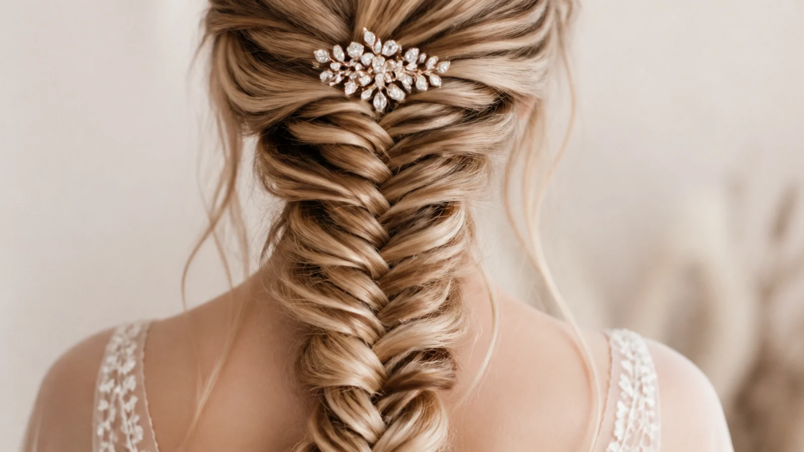 Formal prom mermaid braid pinned securely at the crown with a jeweled hair comb