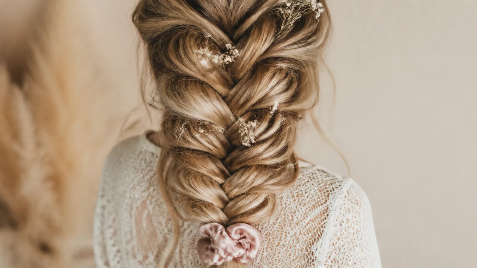 Loose overnight mermaid braid tied with a silk scrunchie for next day heatless waves