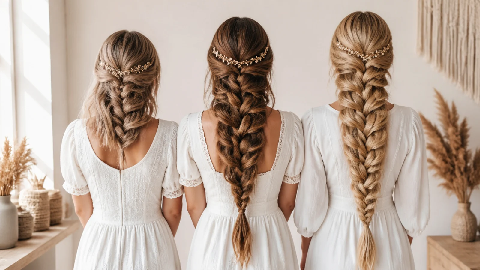 Three mermaid braids compared on shoulder length, mid back and waist length hair