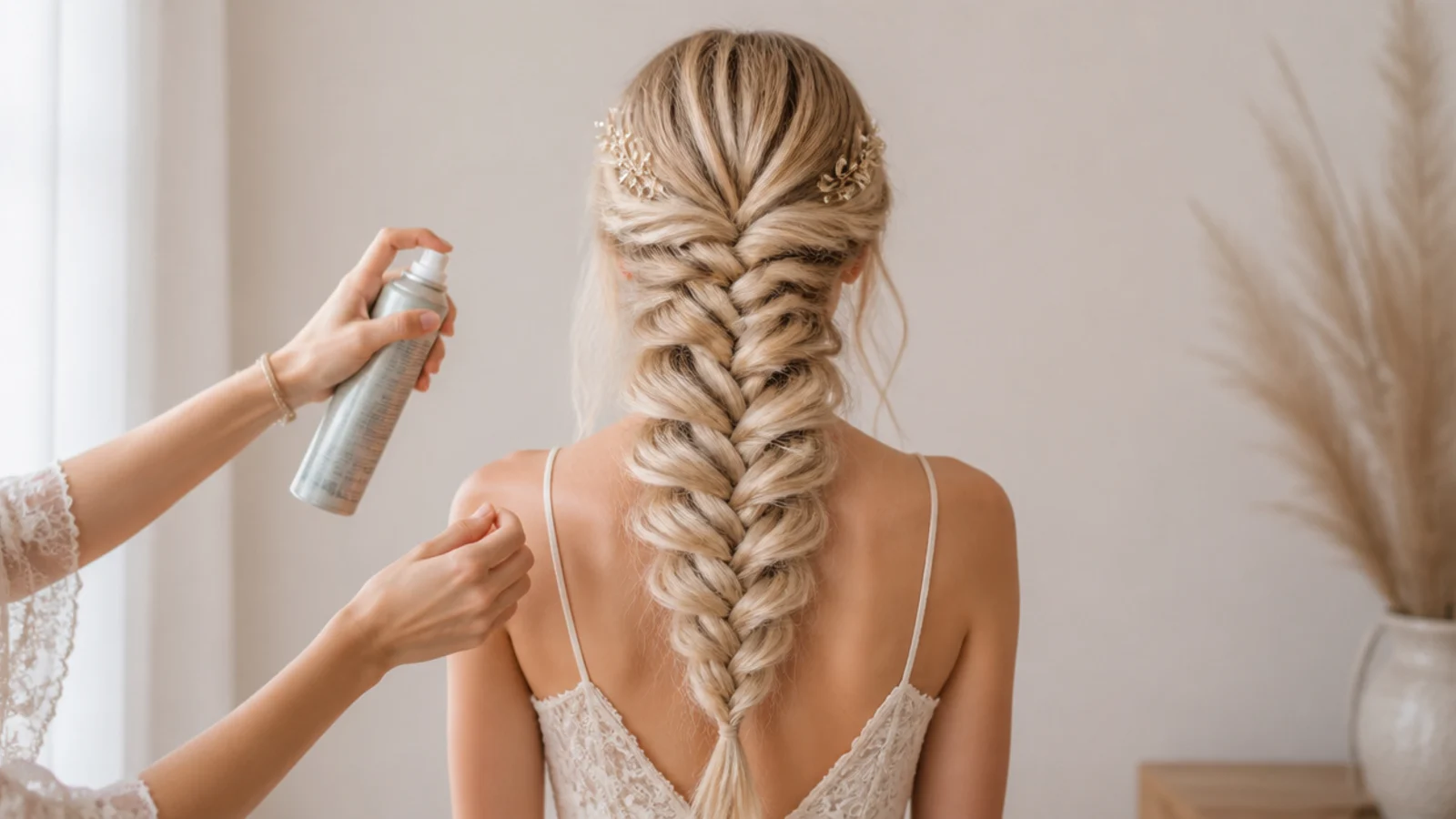 Texture spray being applied to fine blonde hair before braiding a mermaid braid