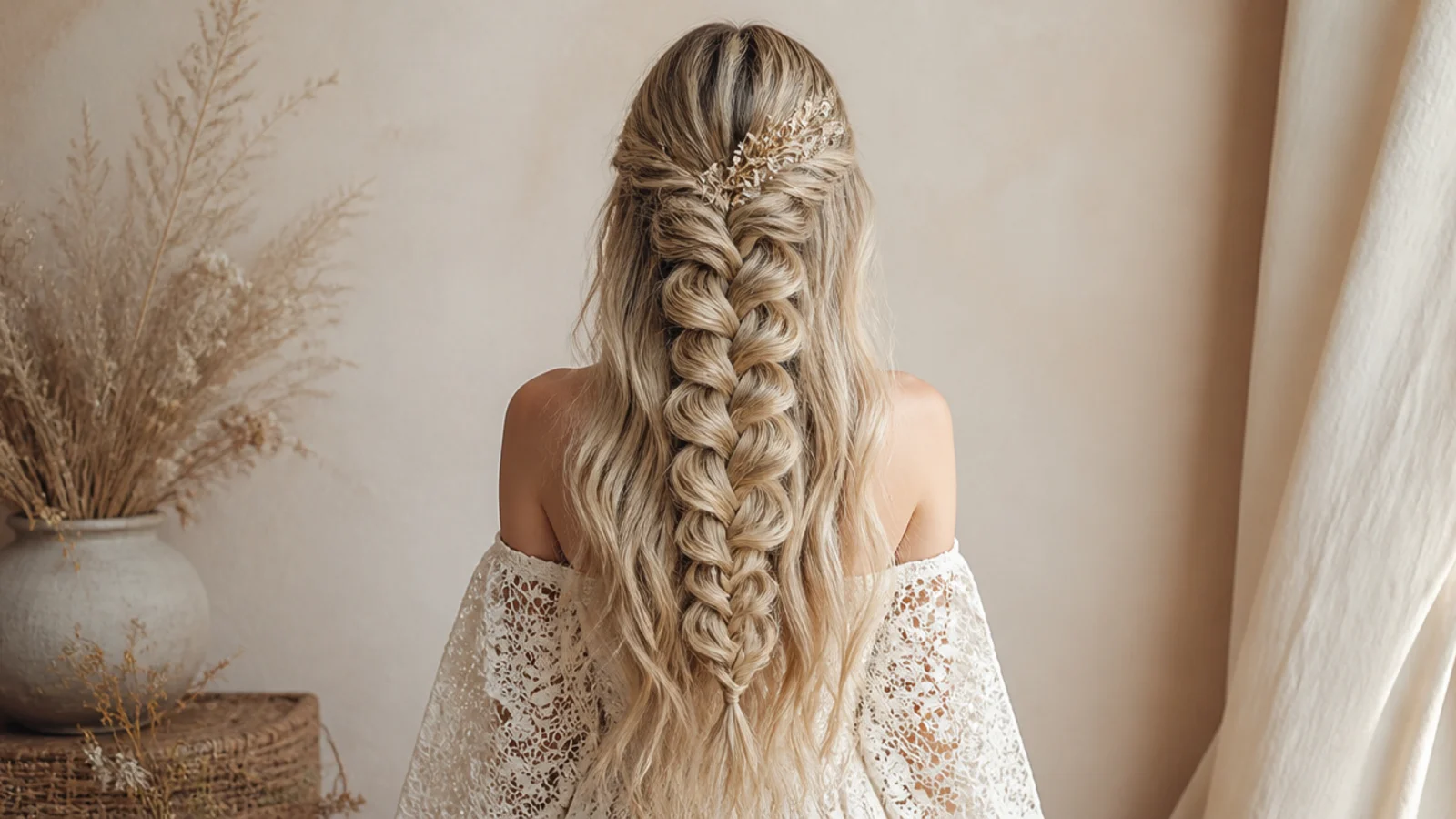 Wide pancaked mermaid braid fanning out down the back of long wavy blonde hair
