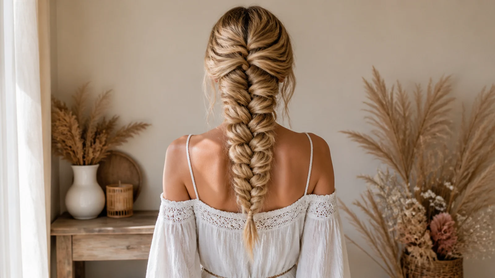 Mermaid braid secured with hidden elastics and crossed bobby pins for all day hold