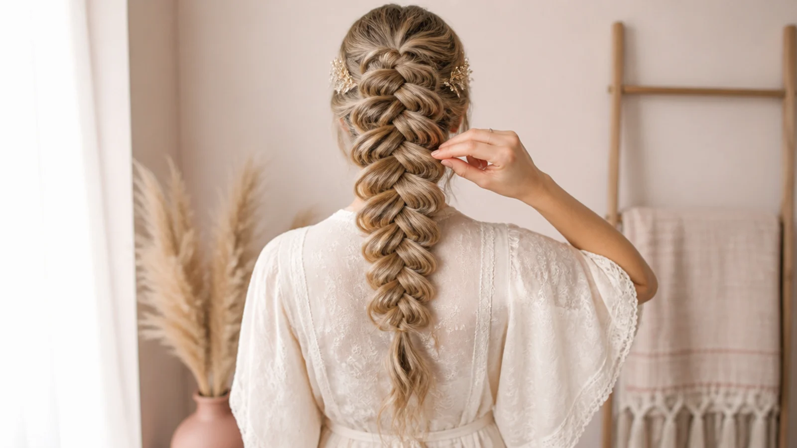 Fingers tugging the outer edge of a mermaid braid crossover to pancake it wider