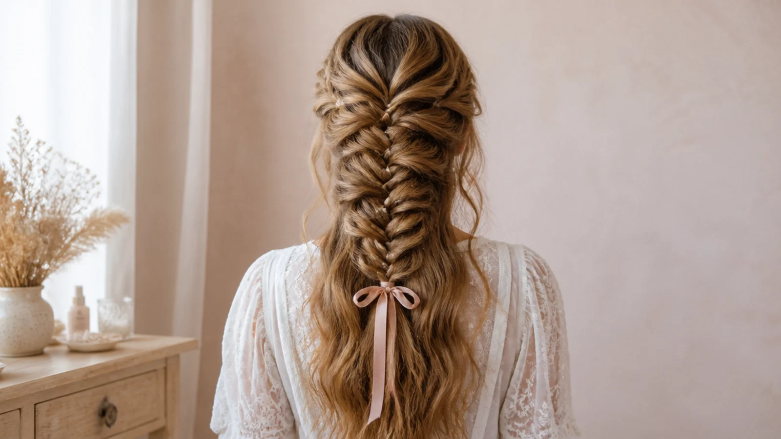 Boho mermaid braid finished with loose waves, ribbon and small pearl hair pins