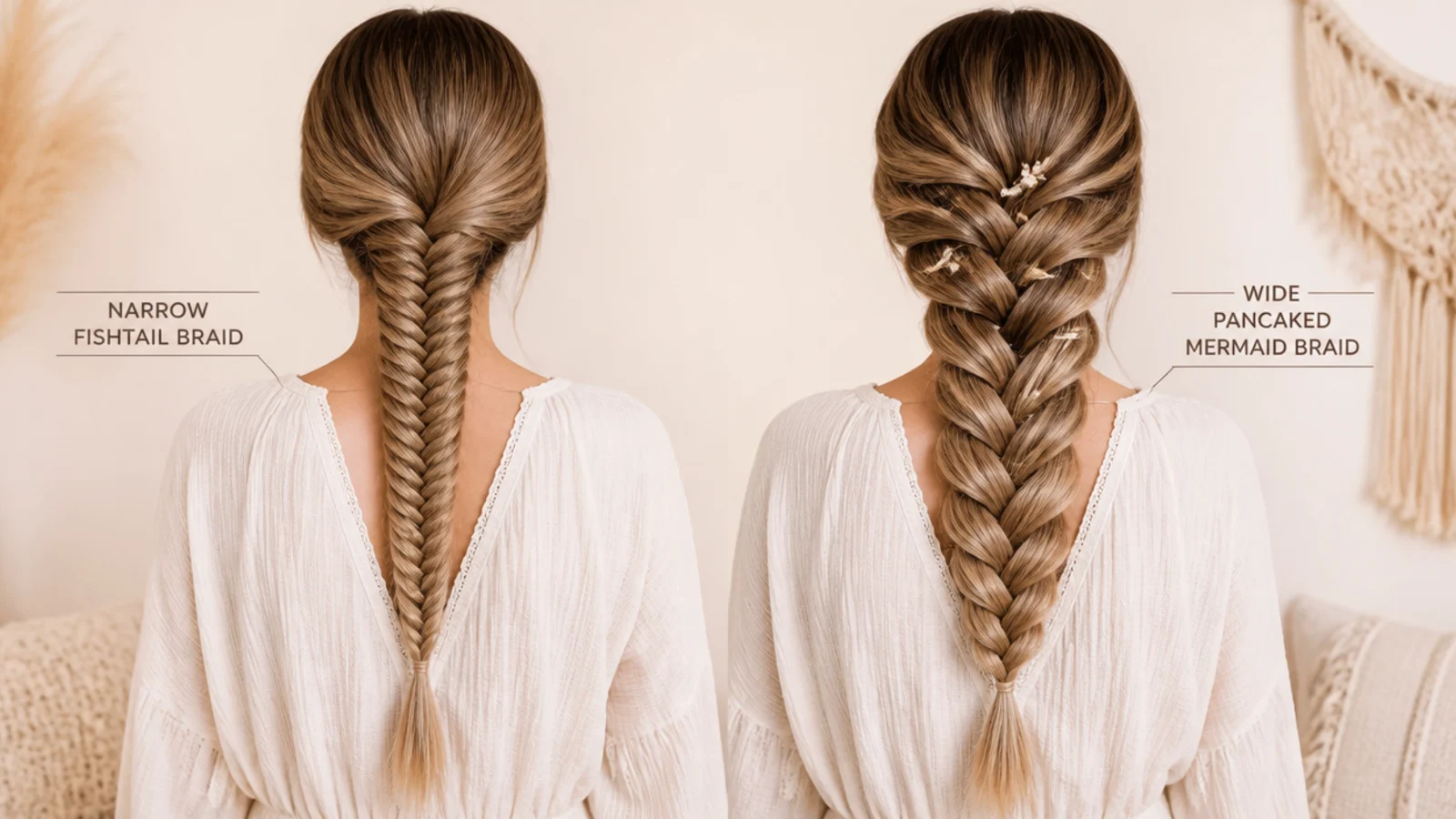 Side by side comparison of a narrow fishtail braid and a wide pancaked mermaid braid