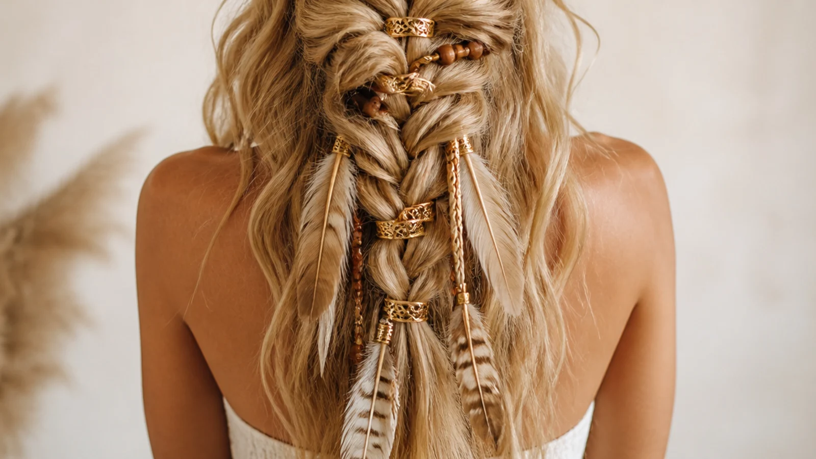 Boho braids braided to the ends and finished with wooden beads, gold cuffs and feathers