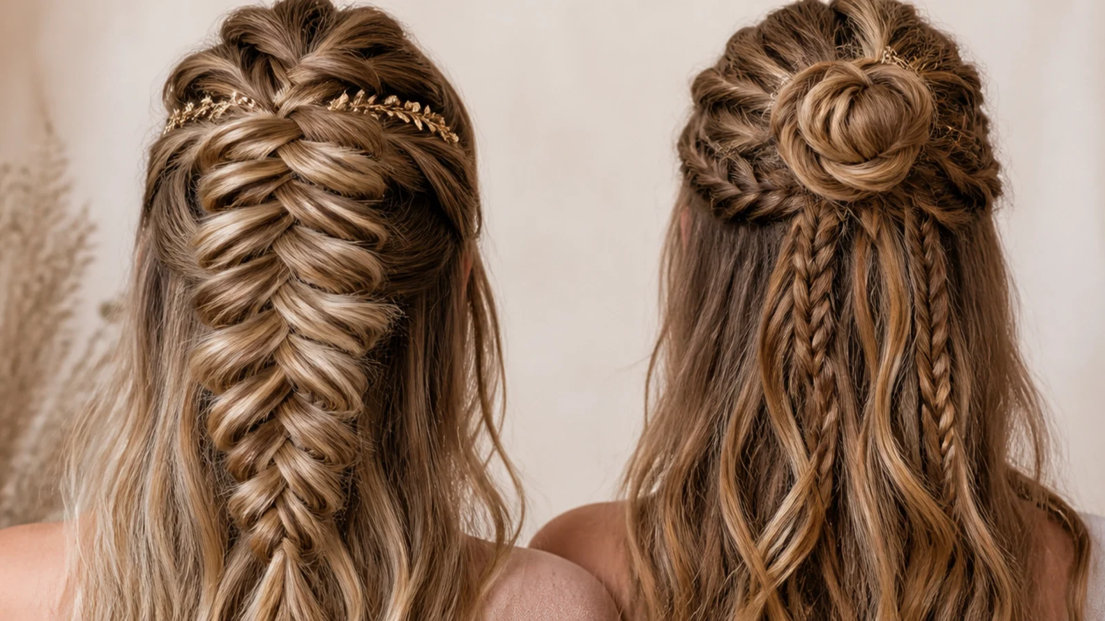 Half up mermaid braid at the crown compared with half up boho braids gathered into a top knot