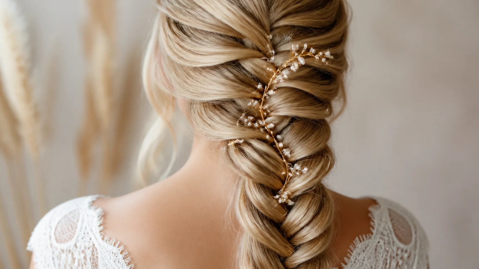 Side swept mermaid braid over one shoulder with a deep side part on a round face shape