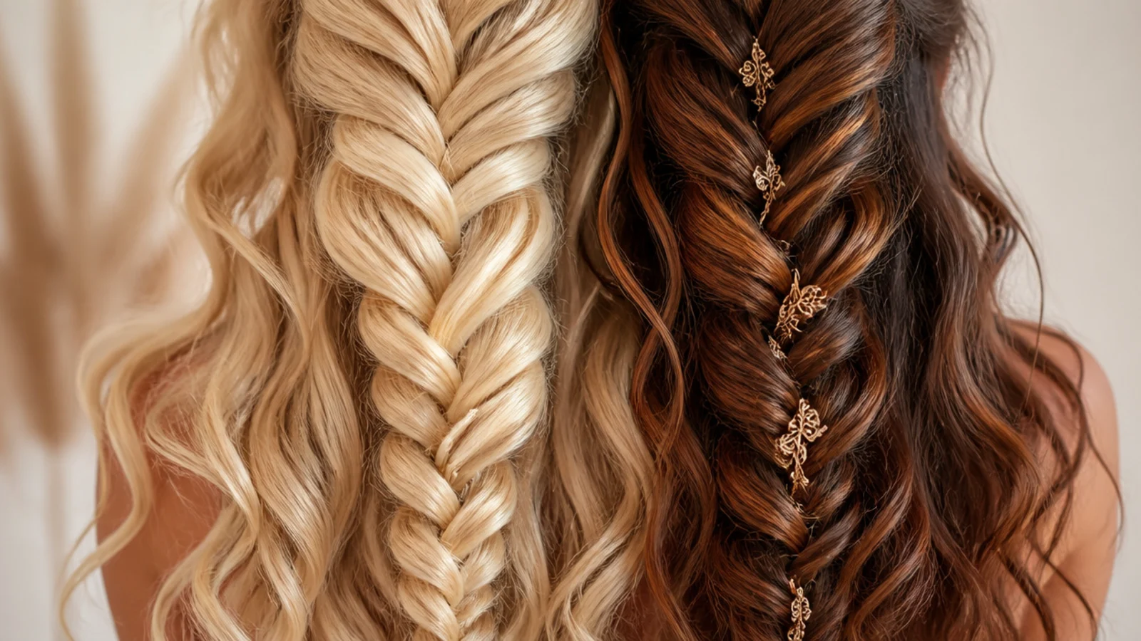 Mermaid braids in 613 blonde loose wave next to boho braids in a 1B and 30 auburn blend
