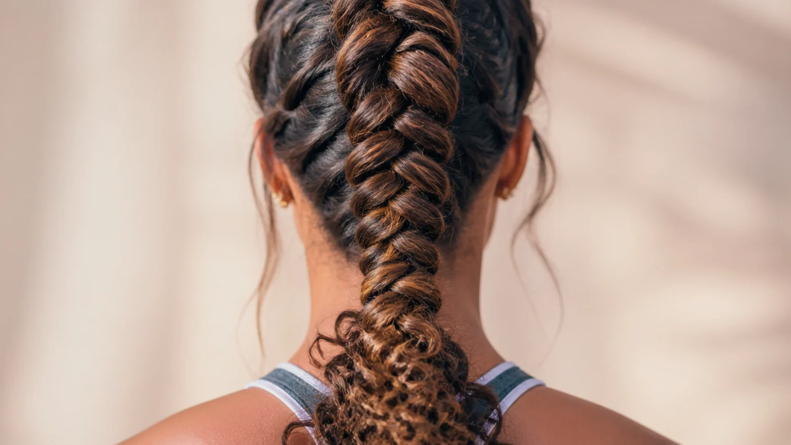 Boho braids gathered into a high ponytail for the gym with curly ends secured off the neck