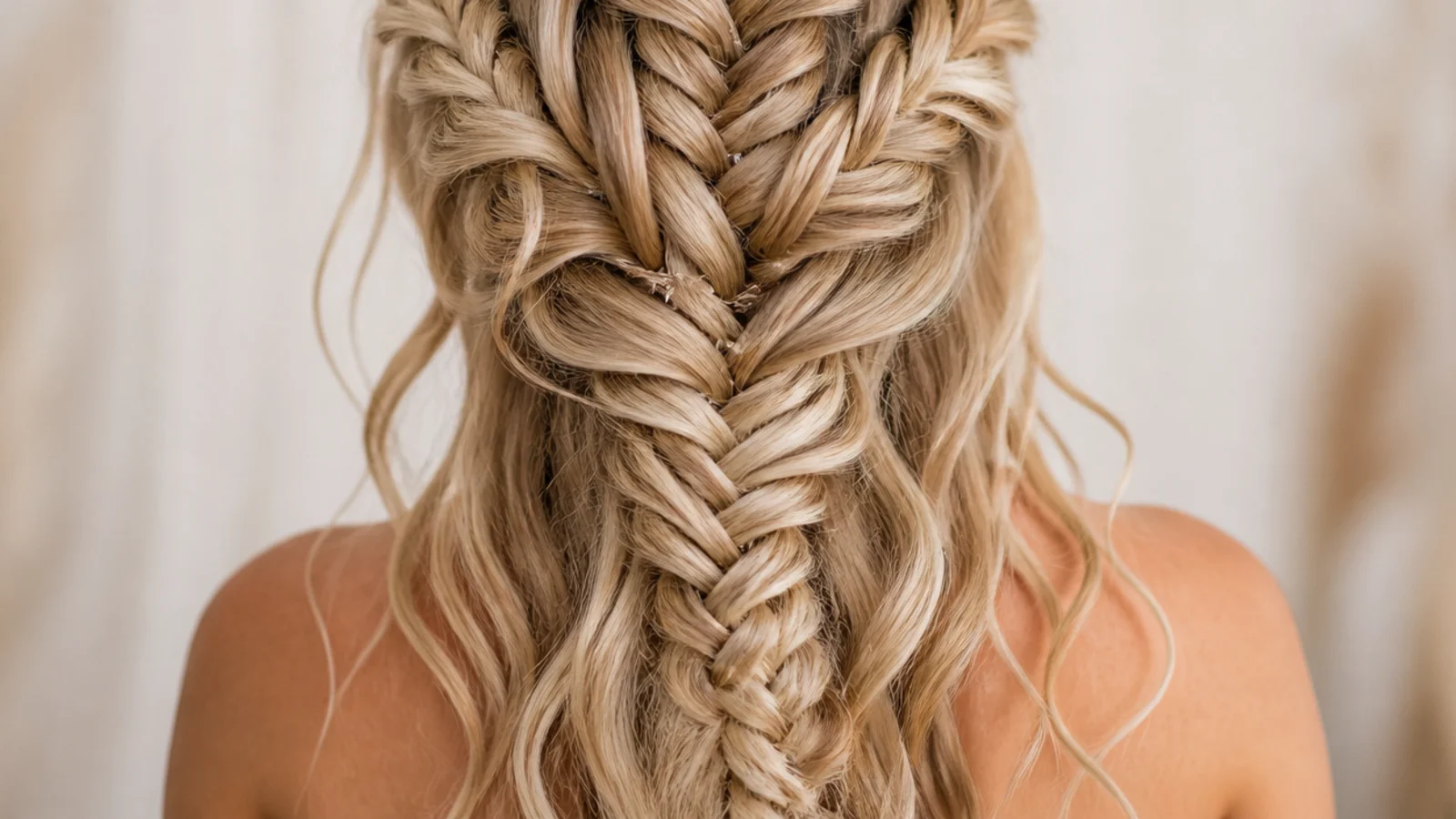 Waterfall mermaid braid for a beach wedding with dropped sections collected into a pancaked fishtail