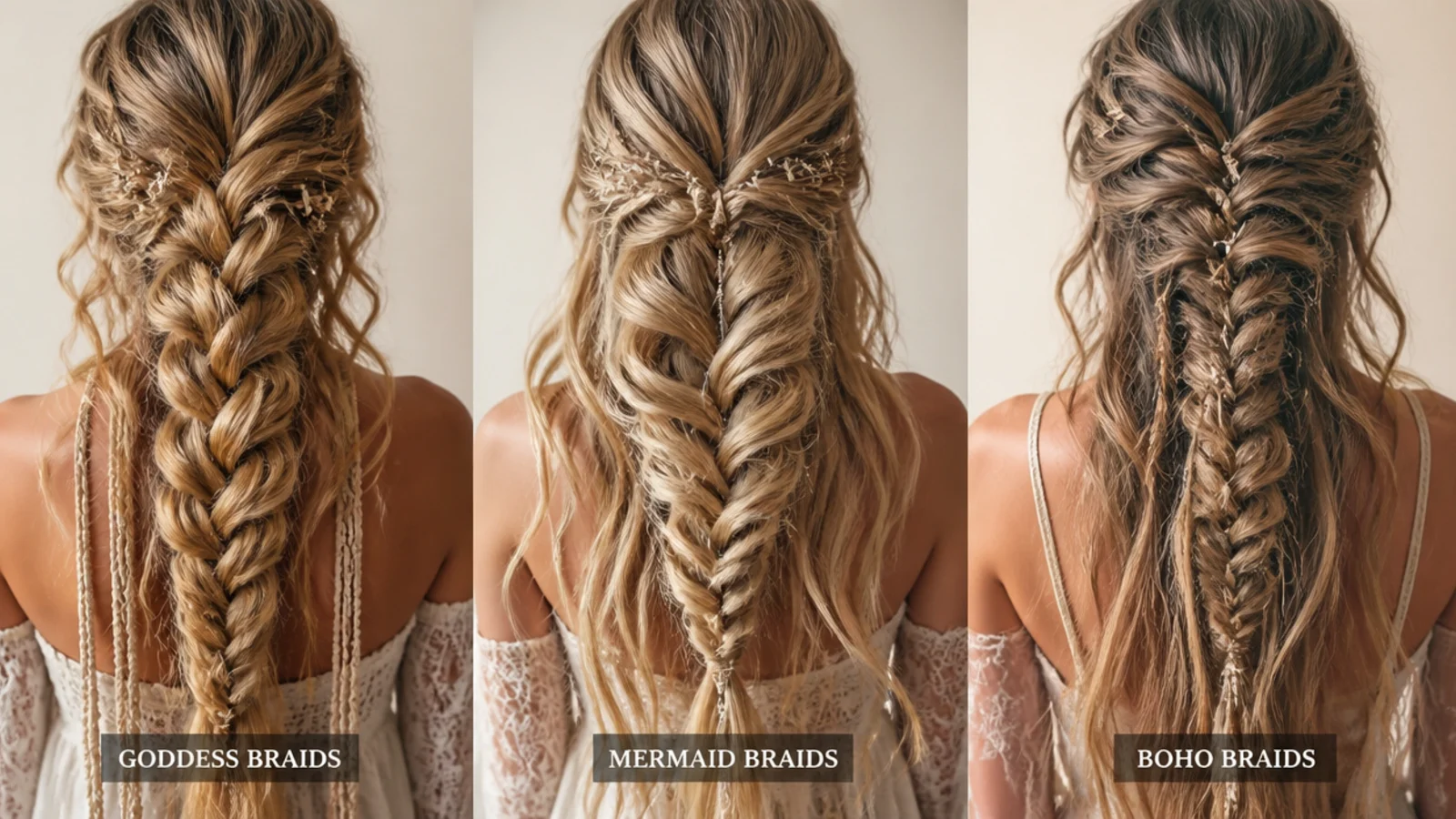 Goddess braids with curly pieces at the roots compared against mermaid and boho braid styles