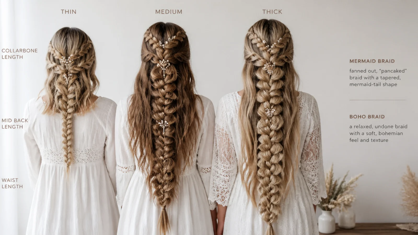 Mermaid and boho braids compared on collarbone, mid back and waist length hair at three thicknesses