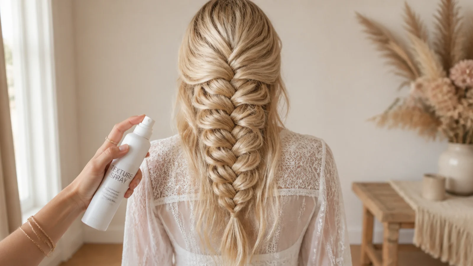 Fine slippery blonde hair prepped with texture spray before a mermaid braid to stop the crossovers slipping