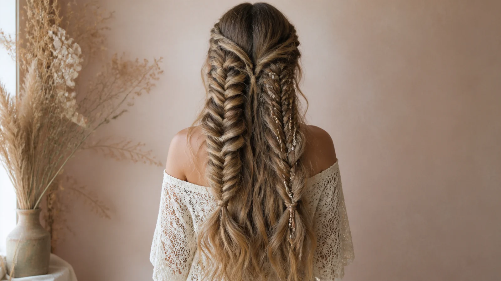 Mermaid vs boho braids compared side by side, flowing unbraided loose wave ends next to beaded boho braids