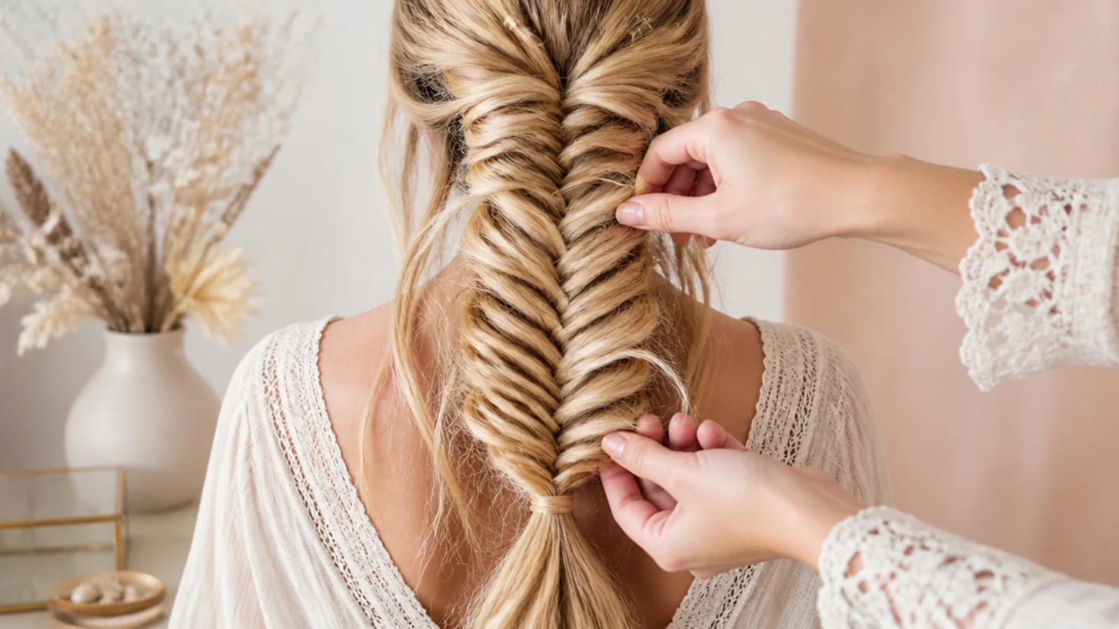 Close up of hands pancaking a mermaid braid by tugging the outer edge of each crossover a few millimeters
