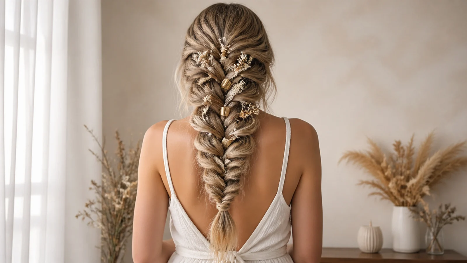 Boho finish on a mermaid braid with gold cuffs, ribbon and dried flowers scattered asymmetrically