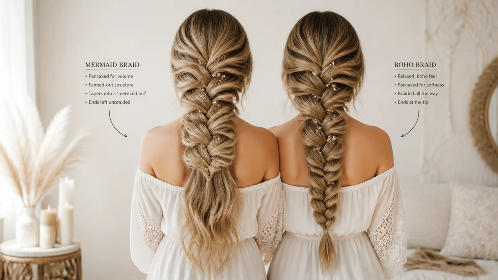 Diagram comparing a mermaid braid with unbraided flowing ends against a boho braid braided to the tip