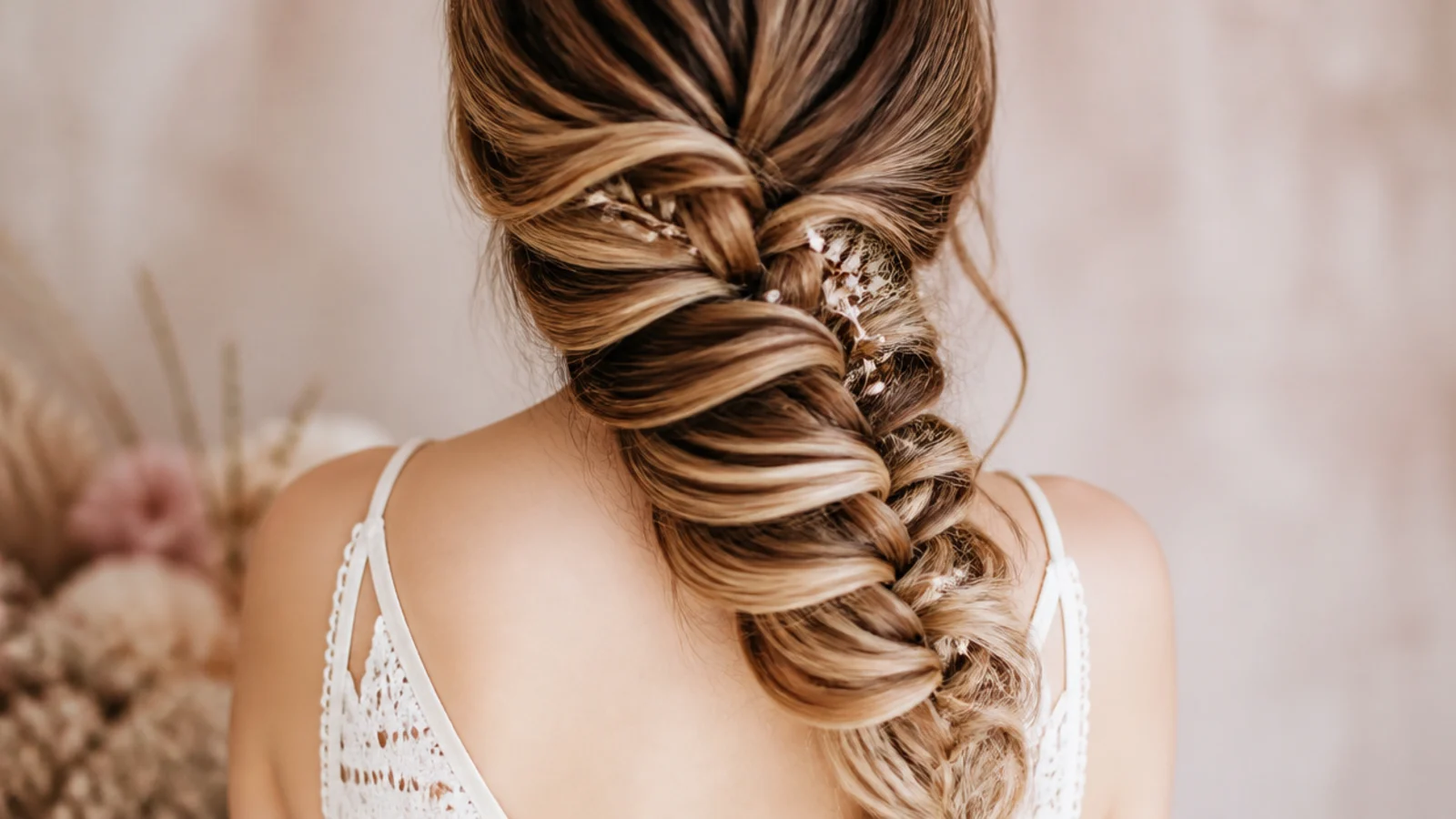 Low side mermaid braid gathered at the nape and pancaked wide over one shoulder