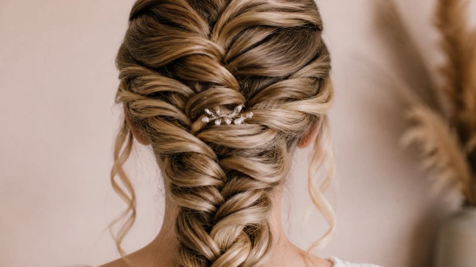 Side mermaid braid with two curled face-framing tendrils left loose at the temples
