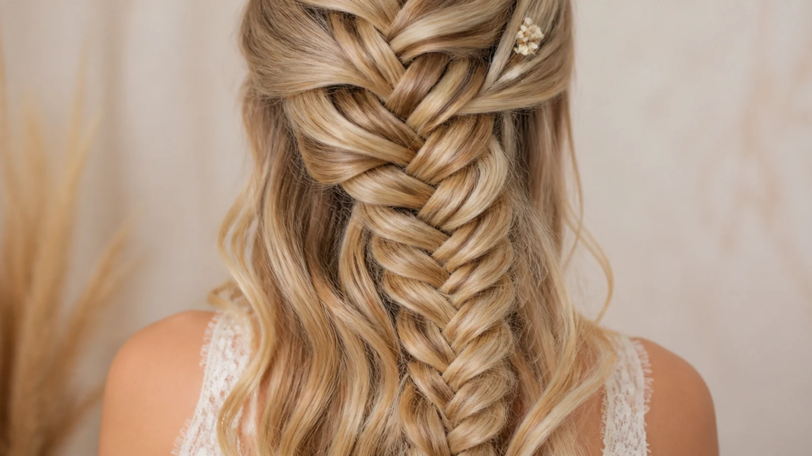 Half-up side mermaid braid taken from the crown to one shoulder with loose waves underneath