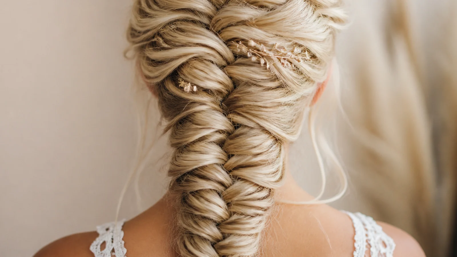 Side mermaid braid on fine blonde hair textured with dry texture spray for grip