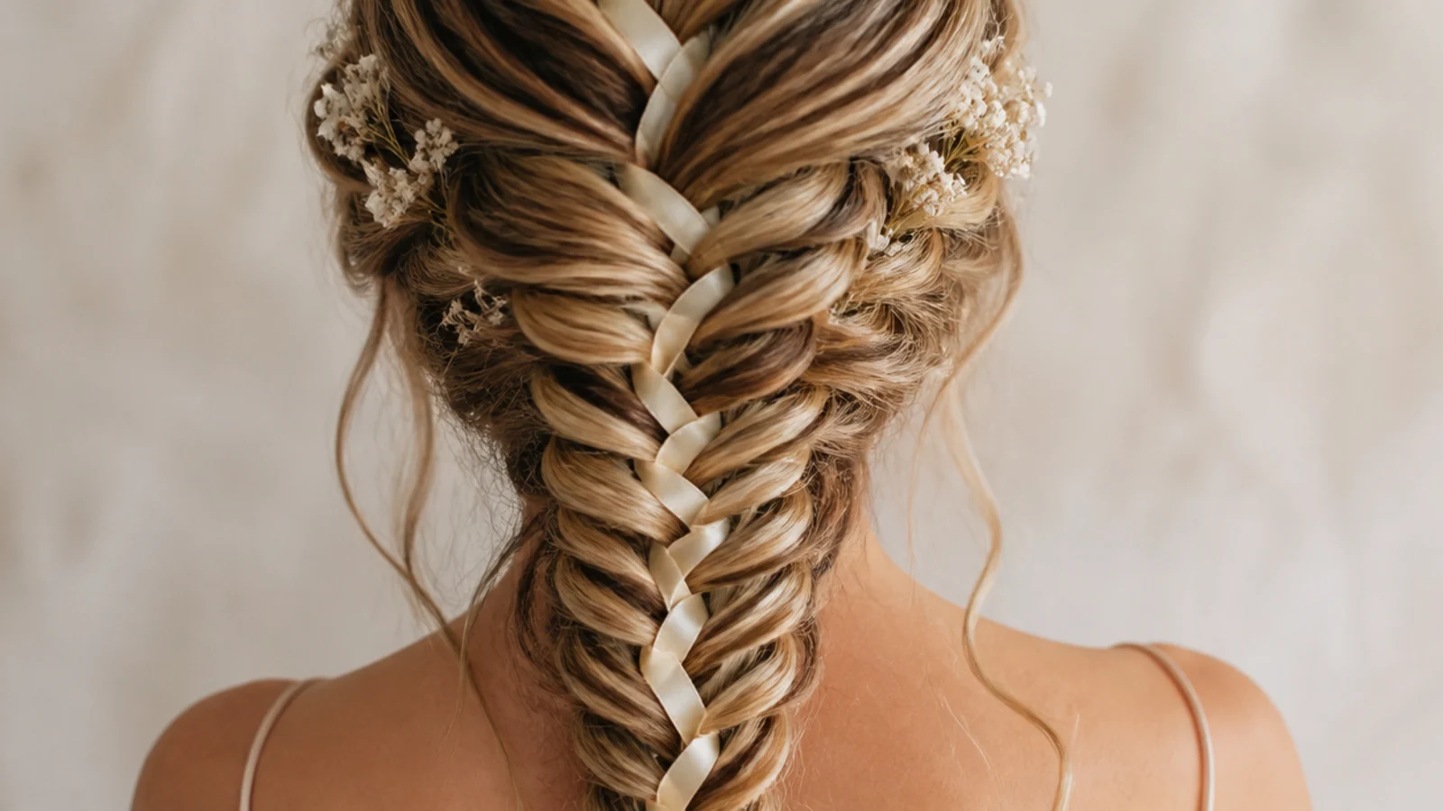 Boho side mermaid braid with a cream silk ribbon woven through the crossovers