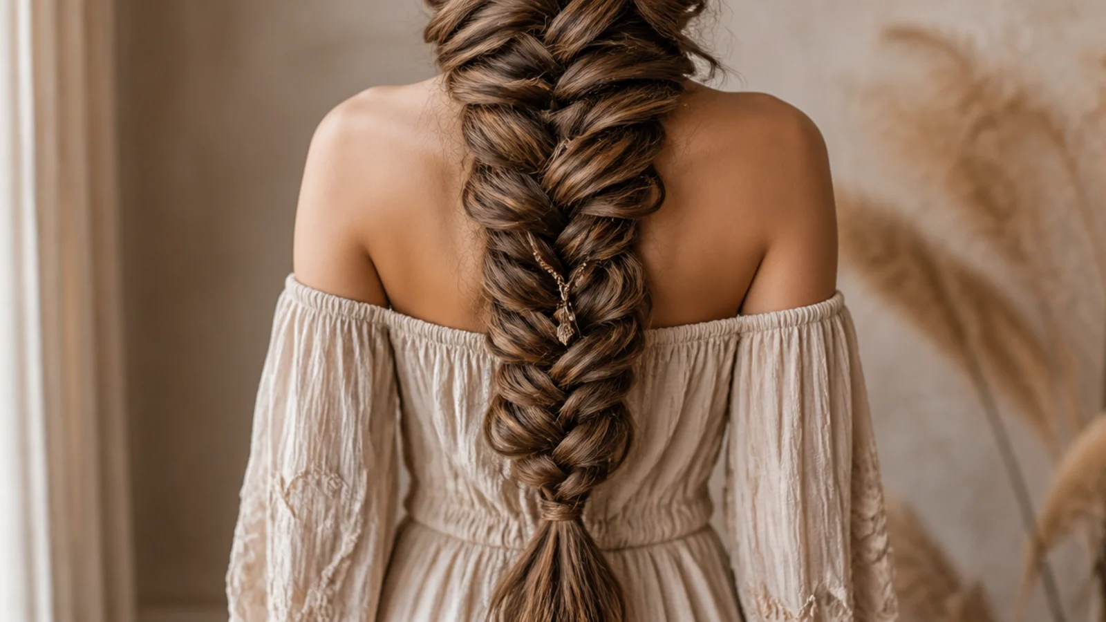 Very long side mermaid braid falling past the waist and pancaked wide down the full length