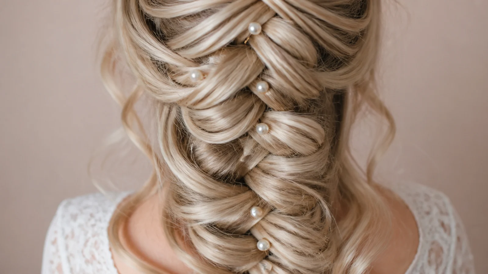 Bridal side mermaid braid finished with scattered pearl pins along the pancaked crossovers