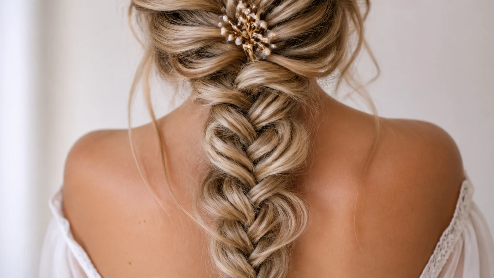Deliberately messy side mermaid braid on day-two hair with loose pieces pulled free