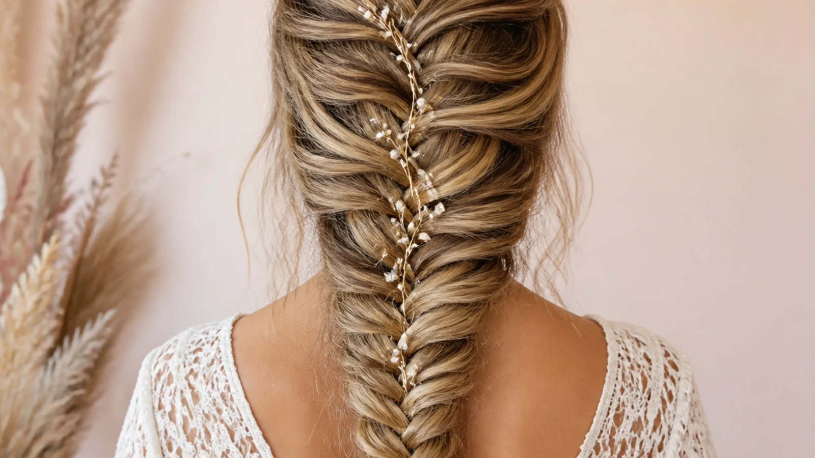 Side mermaid braid worn with curtain bangs swept away from the face at the cheekbone