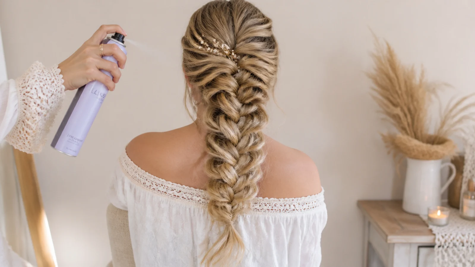 Dry texture spray applied through fine hair mid-lengths before braiding a side mermaid braid