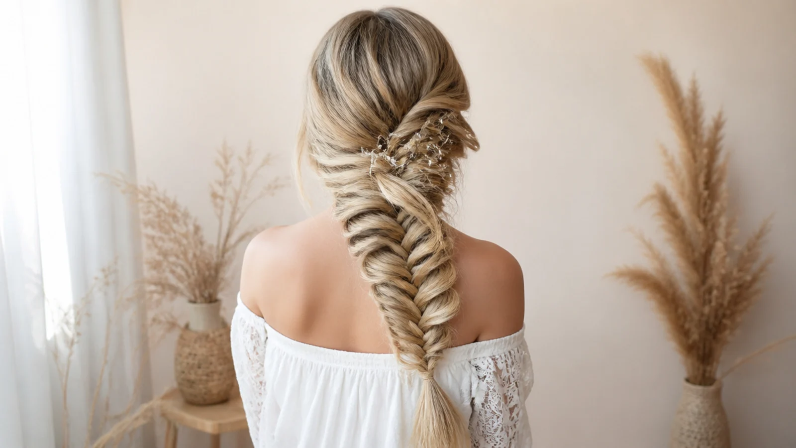 Side mermaid braid pancaked wide over one shoulder from a deep side part on long blonde hair