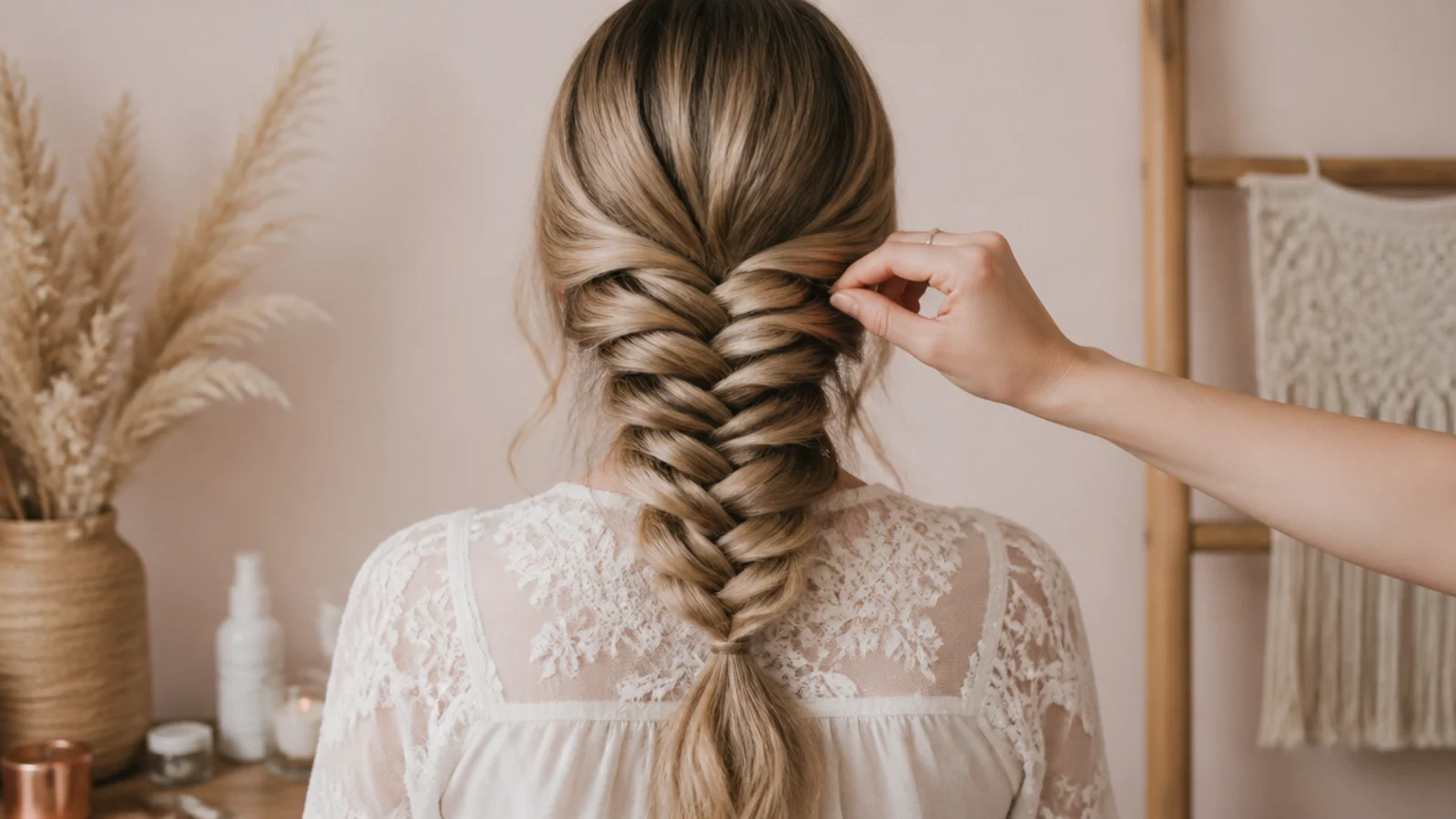Fingers tugging the outer edge of a fishtail crossover to pancake a side mermaid braid wider