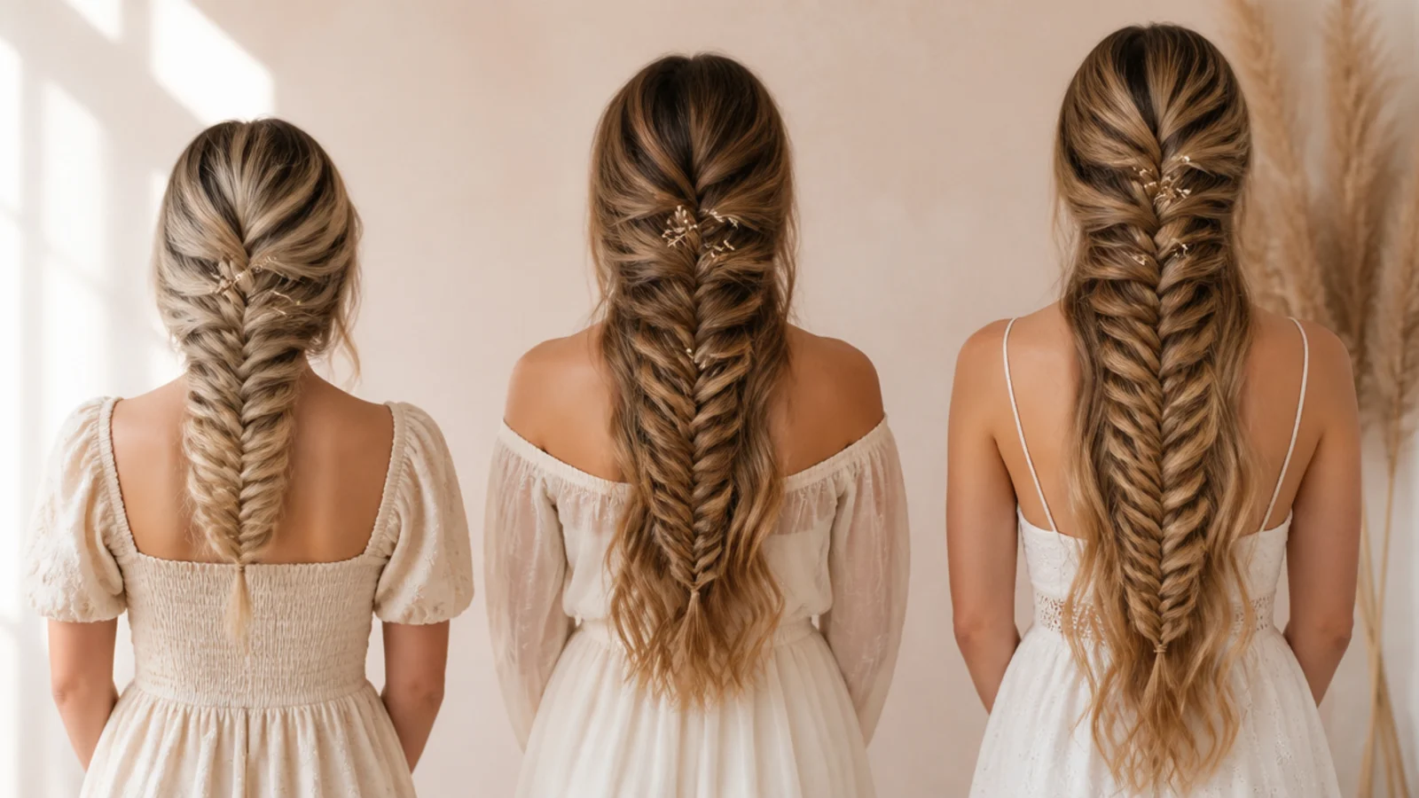 Three side mermaid braids compared at collarbone, mid-back and waist length hair