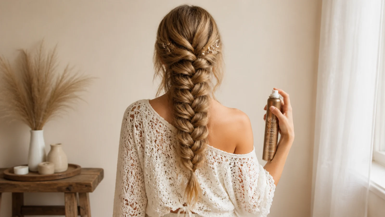Side mermaid braid secured with a clear elastic and finished with flexible hold spray for hold