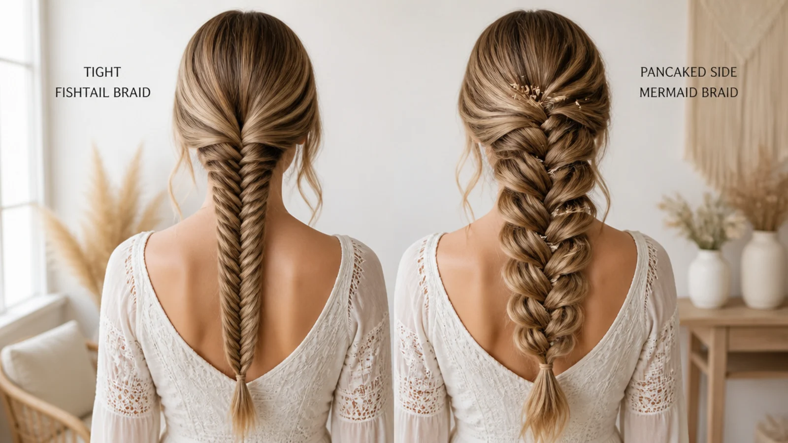 Side by side comparison of a tight fishtail braid and a pancaked side mermaid braid