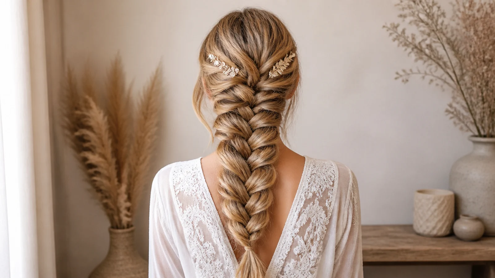 Deep side part measured two inches from center with hair swept toward the opposite shoulder