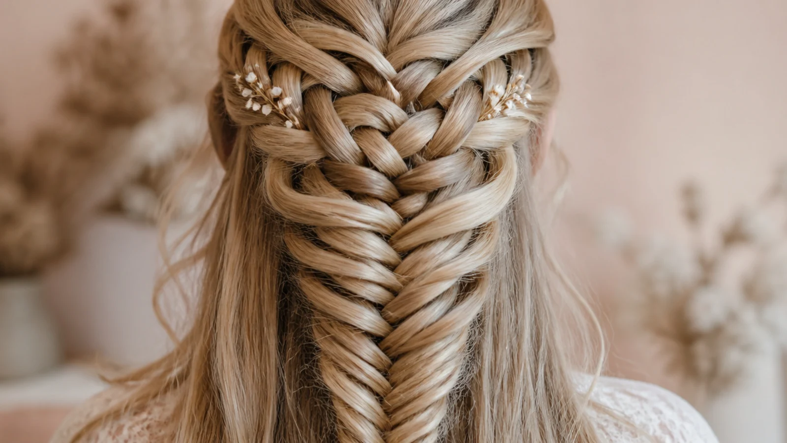 Classic waterfall mermaid braid on long hair with dropped strands falling into a wide fishtail at the nape