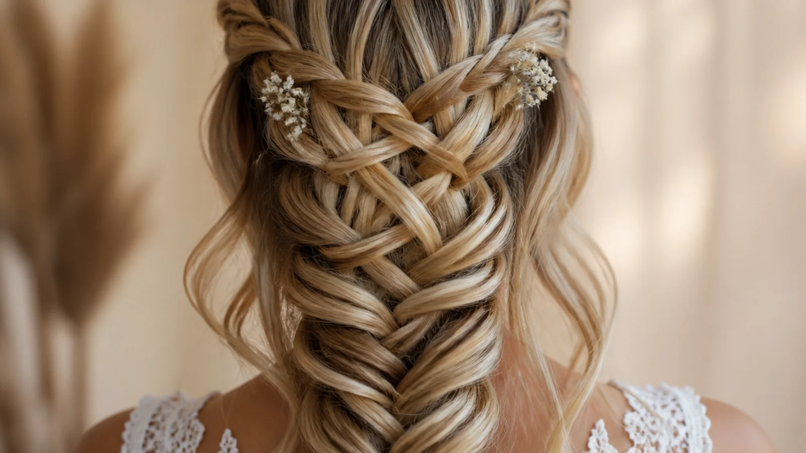 Criss-cross waterfall mermaid braid with two waterfall rows crossing over each other above a fishtail