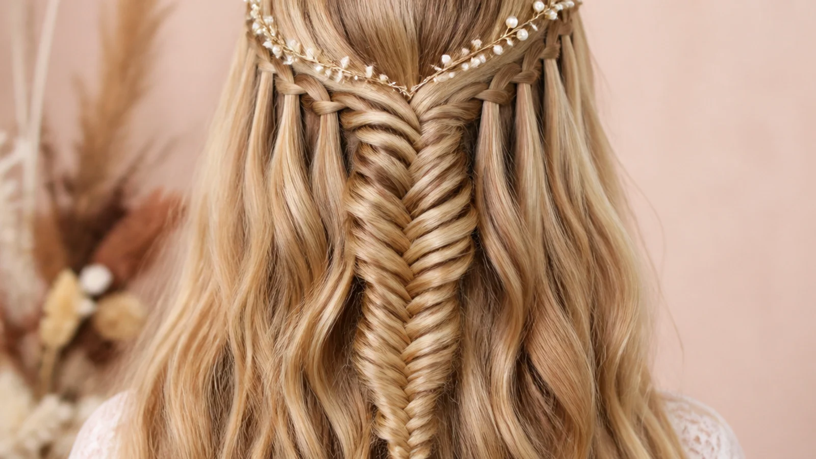 Double waterfall mermaid braid with a waterfall row on each side of the head meeting in a central fishtail