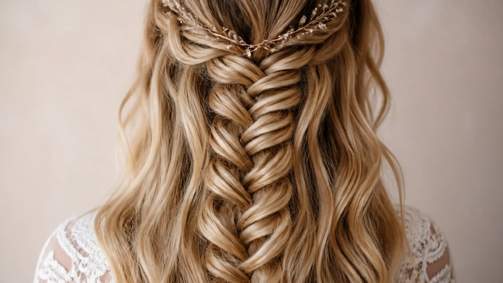Half-up waterfall mermaid braid with the top section braided and loose curls hanging below