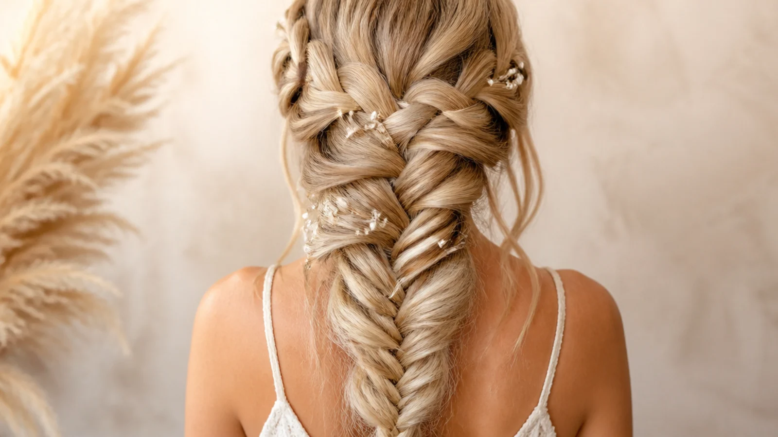 Side swept waterfall mermaid braid pulled over one shoulder with a wide pancaked fishtail