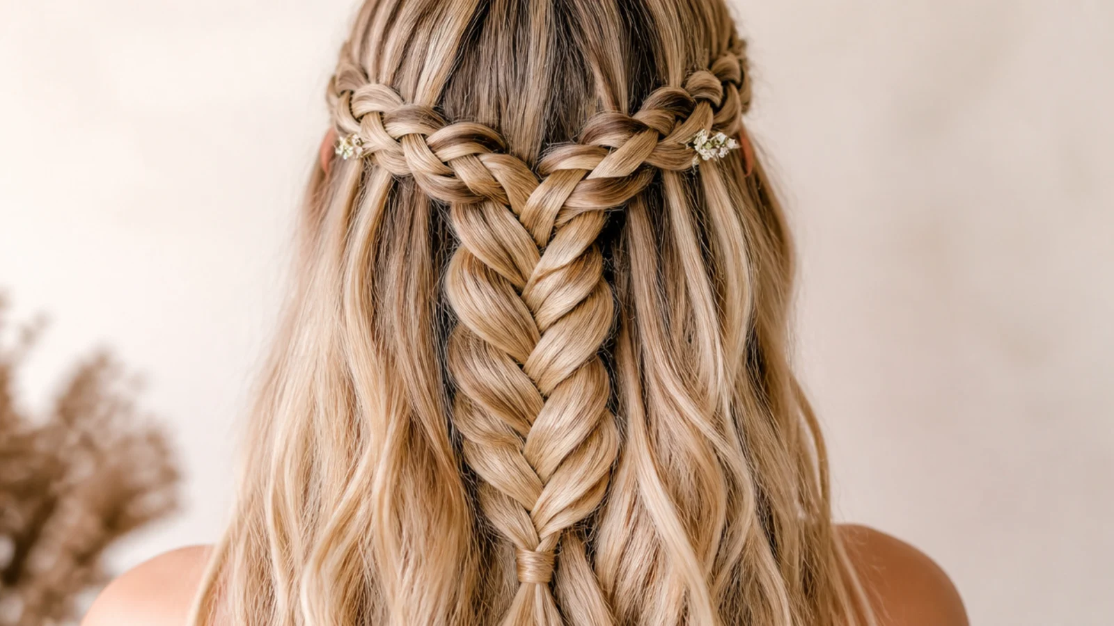 Waterfall mermaid braid crown wrapping the head like a halo with strands falling loose beneath