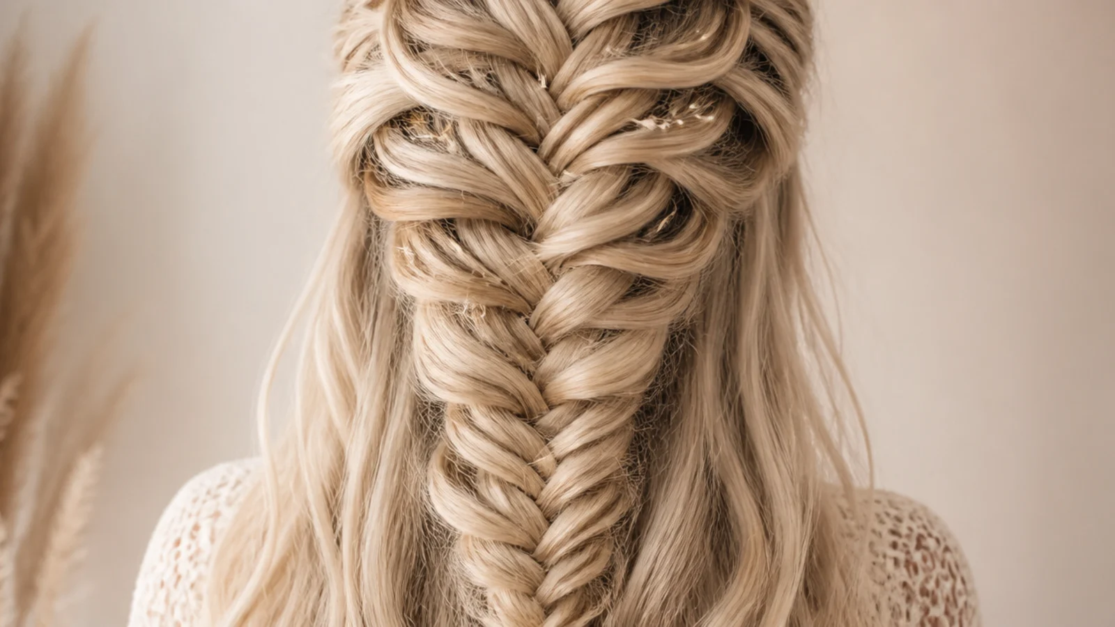 Waterfall mermaid braid on fine blonde hair pancaked wide to look thicker